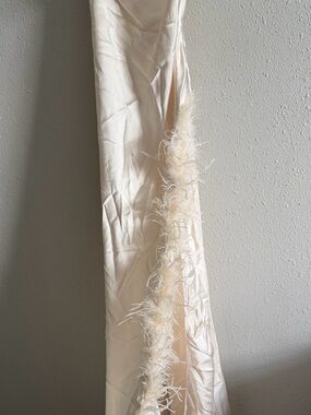 Fashion Nova Ivory Feather-Trim Satin High-Low Skirt